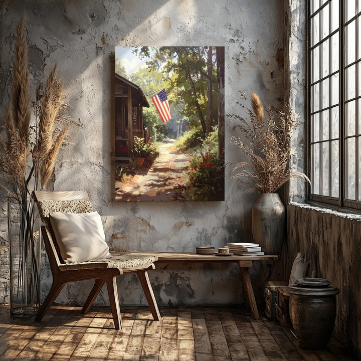 Forest Cabin Flag Canvas – Rustic Woodland Patriotism Wall Art - Gifitto