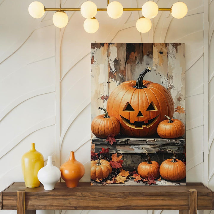 Rustic Jack-O'-Lantern Still Life Canvas – Cozy Farmhouse Halloween Decor - Gifitto