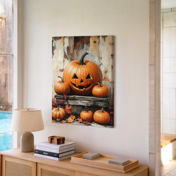 Rustic Jack-O'-Lantern Still Life Canvas – Cozy Farmhouse Halloween Decor - Gifitto