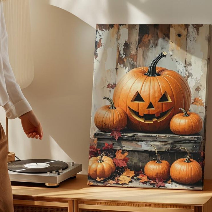 Rustic Jack-O'-Lantern Still Life Canvas – Cozy Farmhouse Halloween Decor - Gifitto
