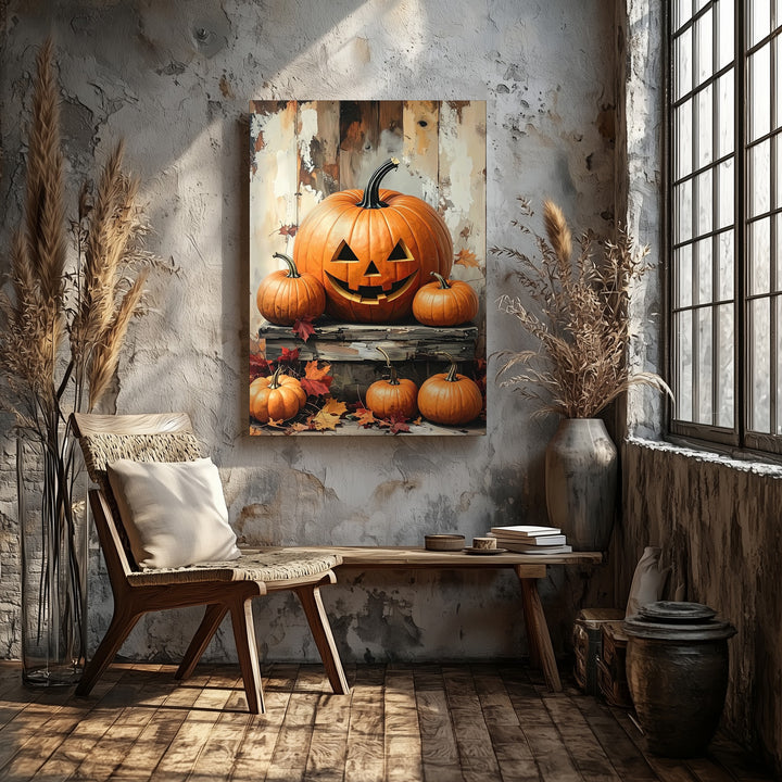 Rustic Jack-O'-Lantern Still Life Canvas – Cozy Farmhouse Halloween Decor - Gifitto