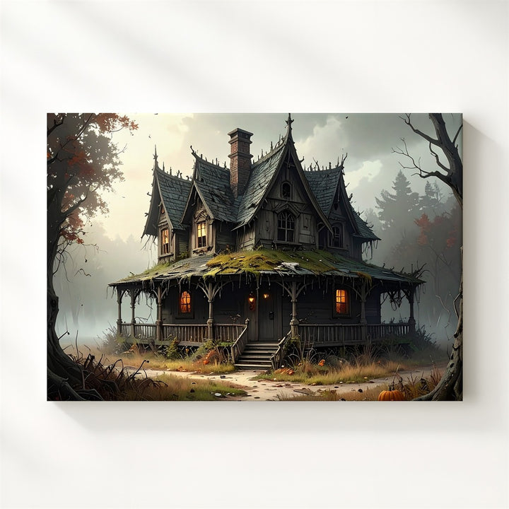 Rustic Haunted House Canvas – Dreary Forest Halloween Solitude Art - Gifitto