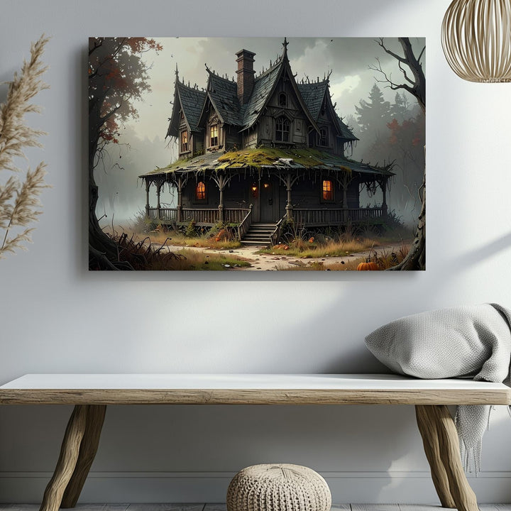 Rustic Haunted House Canvas – Dreary Forest Halloween Solitude Art - Gifitto