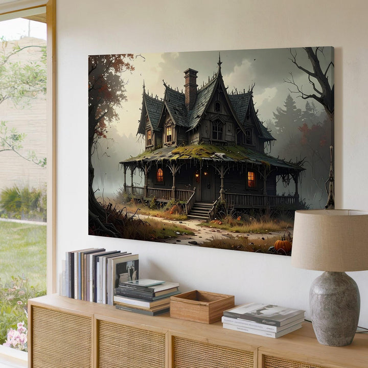 Rustic Haunted House Canvas – Dreary Forest Halloween Solitude Art - Gifitto