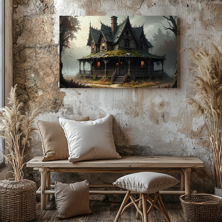Rustic Haunted House Canvas – Dreary Forest Halloween Solitude Art - Gifitto
