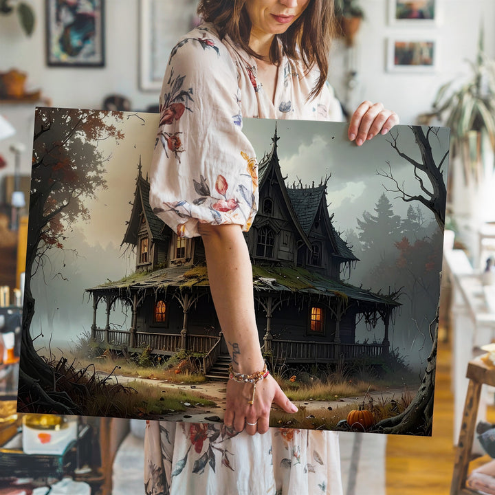 Rustic Haunted House Canvas – Dreary Forest Halloween Solitude Art - Gifitto