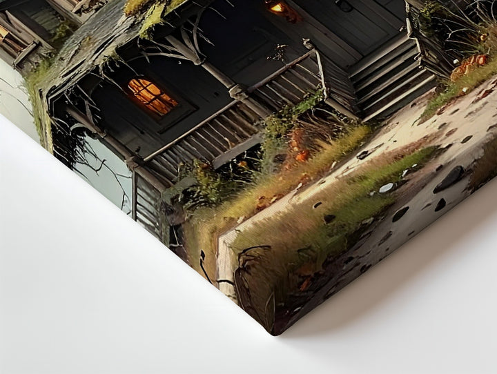 Rustic Haunted House Canvas – Dreary Forest Halloween Solitude Art - Gifitto