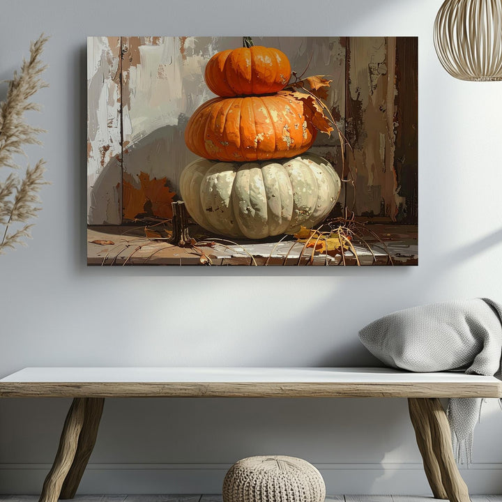 Rustic Harvest Stack Canvas – Textured Autumn Pumpkins Still Life - Gifitto