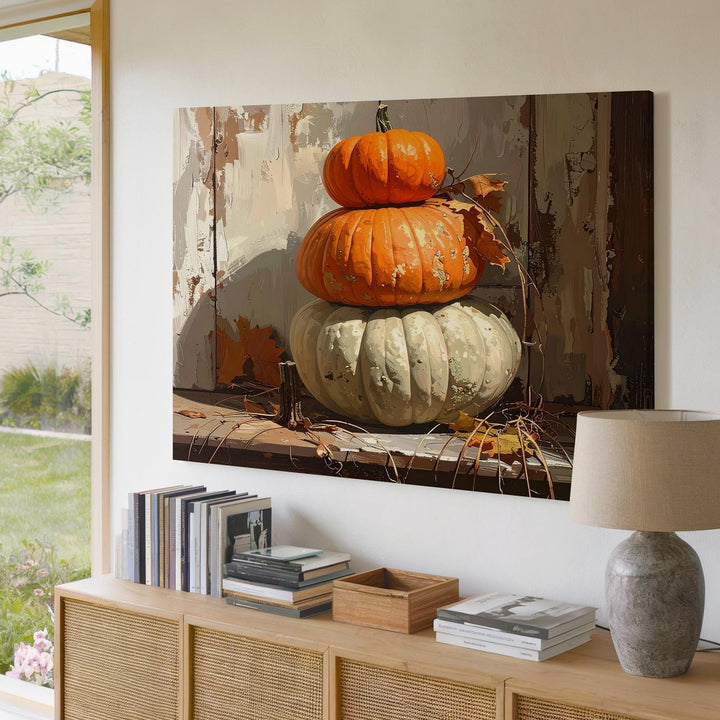 Rustic Harvest Stack Canvas – Textured Autumn Pumpkins Still Life - Gifitto