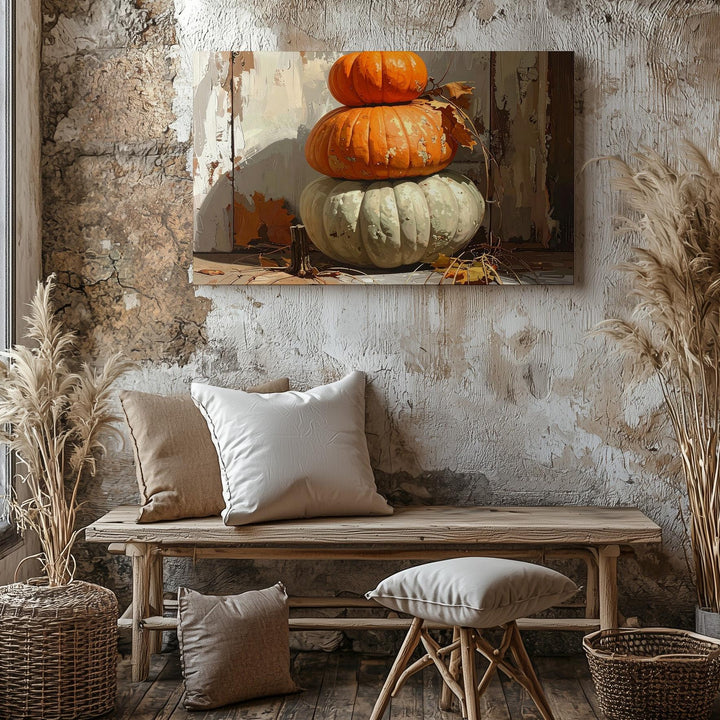 Rustic Harvest Stack Canvas – Textured Autumn Pumpkins Still Life - Gifitto