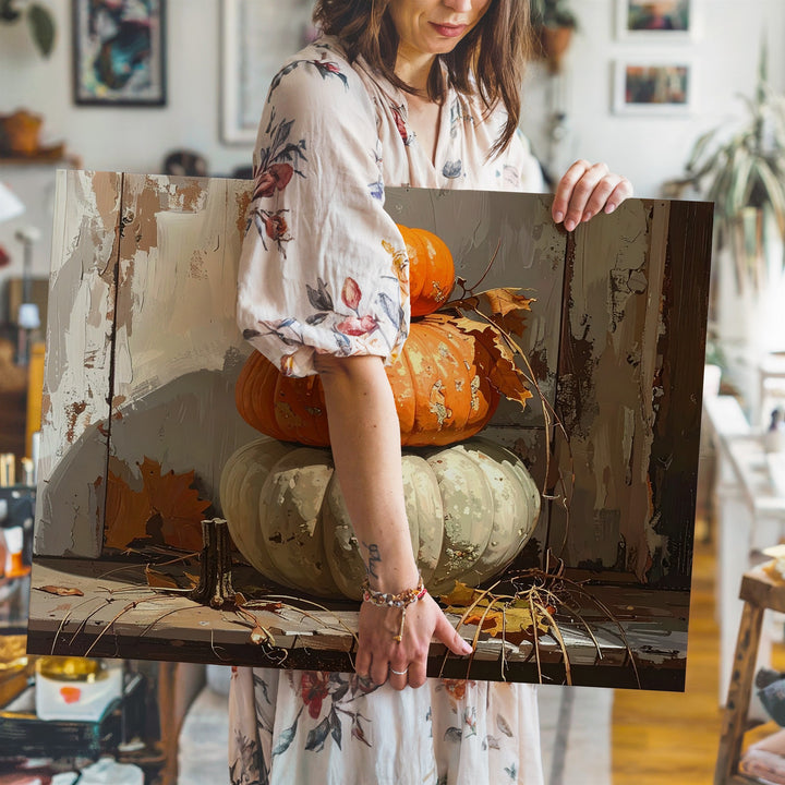 Rustic Harvest Stack Canvas – Textured Autumn Pumpkins Still Life - Gifitto