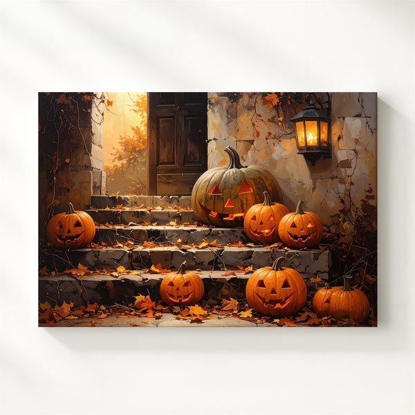 Lantern-Lit Pumpkin Stairway Canvas – Cozy Autumn Halloween Wall Art - Gifitto