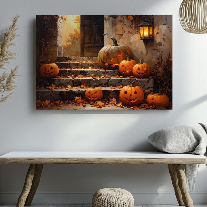 Lantern-Lit Pumpkin Stairway Canvas – Cozy Autumn Halloween Wall Art - Gifitto