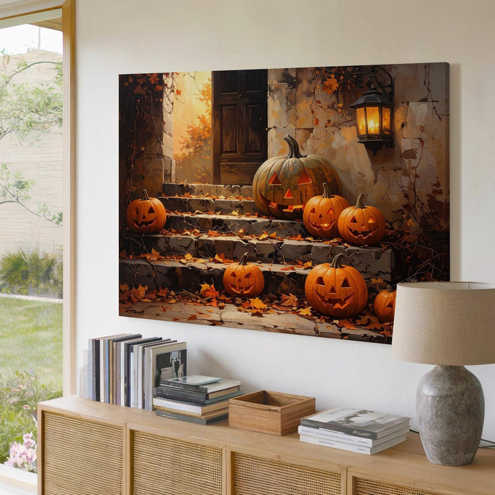 Lantern-Lit Pumpkin Stairway Canvas – Cozy Autumn Halloween Wall Art - Gifitto