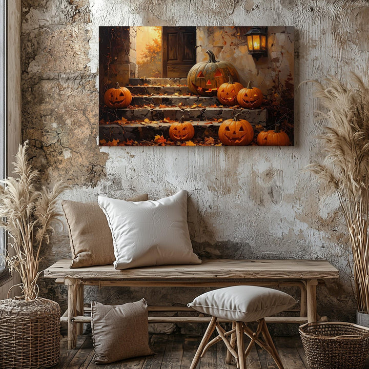 Lantern-Lit Pumpkin Stairway Canvas – Cozy Autumn Halloween Wall Art - Gifitto