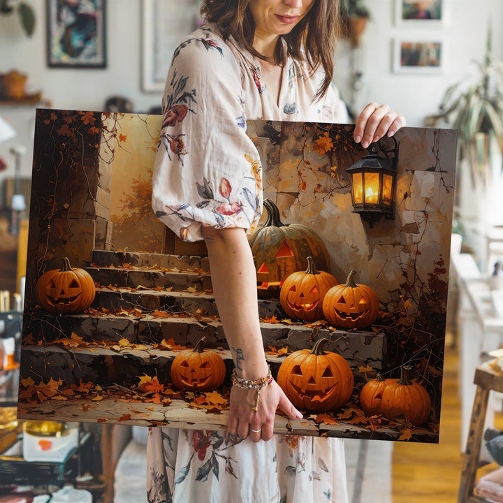 Lantern-Lit Pumpkin Stairway Canvas – Cozy Autumn Halloween Wall Art - Gifitto