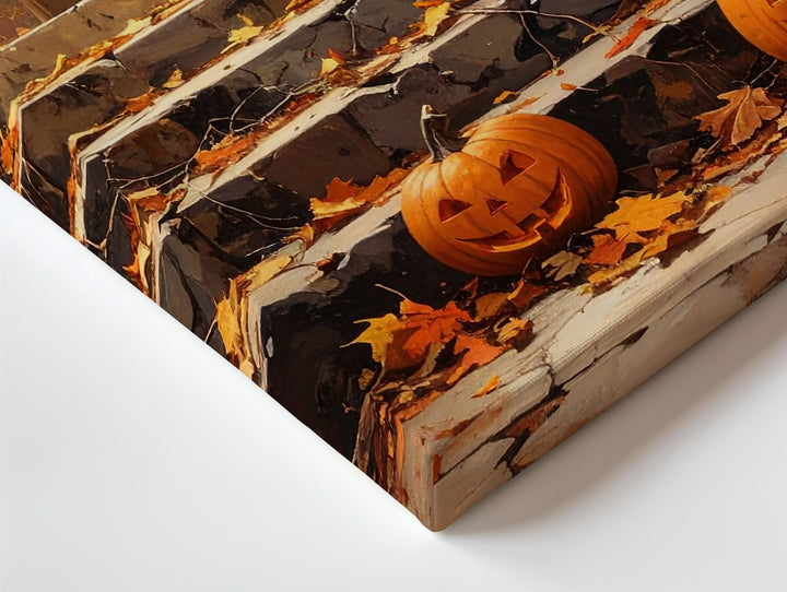 Lantern-Lit Pumpkin Stairway Canvas – Cozy Autumn Halloween Wall Art - Gifitto