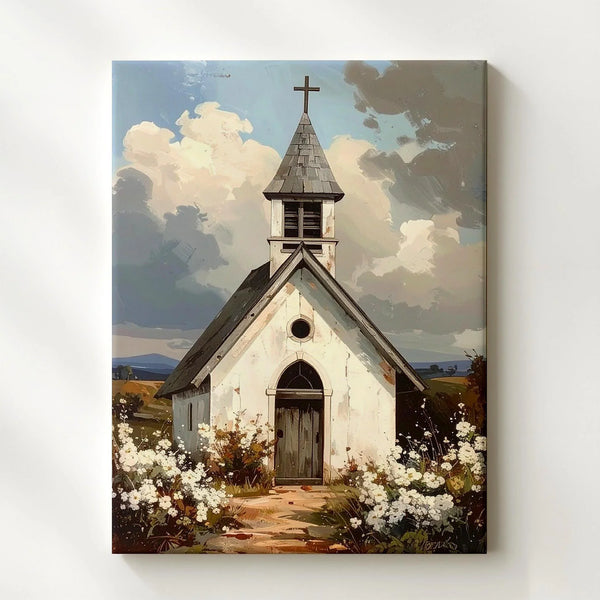 Rustic White Chapel Canvas – Peaceful Christian Wall Art of Countryside Faith and Simplicity - Gifitto