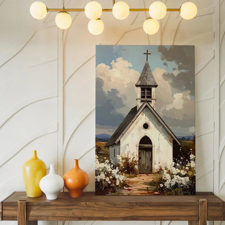 Rustic White Chapel Canvas – Peaceful Christian Wall Art of Countryside Faith and Simplicity - Gifitto