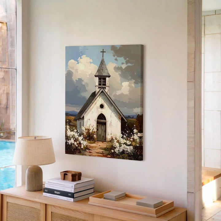 Rustic White Chapel Canvas – Peaceful Christian Wall Art of Countryside Faith and Simplicity - Gifitto