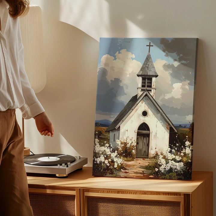 Rustic White Chapel Canvas – Peaceful Christian Wall Art of Countryside Faith and Simplicity - Gifitto