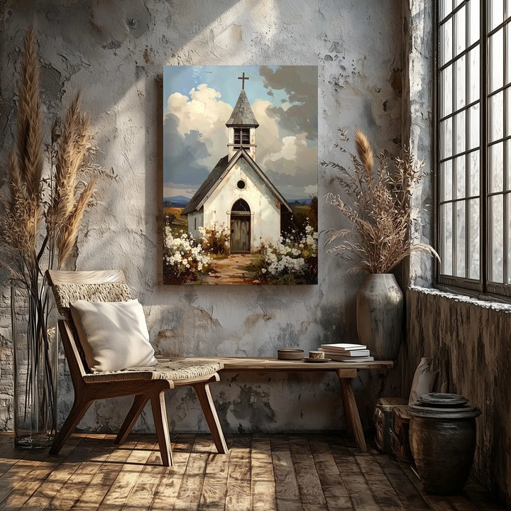 Rustic White Chapel Canvas – Peaceful Christian Wall Art of Countryside Faith and Simplicity - Gifitto