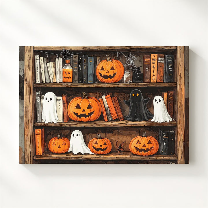 Rustic Halloween Bookshelf Canvas – Witchy Folk-Art Wall Decor - Gifitto