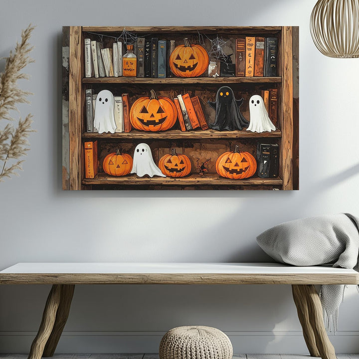 Rustic Halloween Bookshelf Canvas – Witchy Folk-Art Wall Decor - Gifitto
