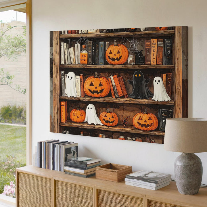 Rustic Halloween Bookshelf Canvas – Witchy Folk-Art Wall Decor - Gifitto