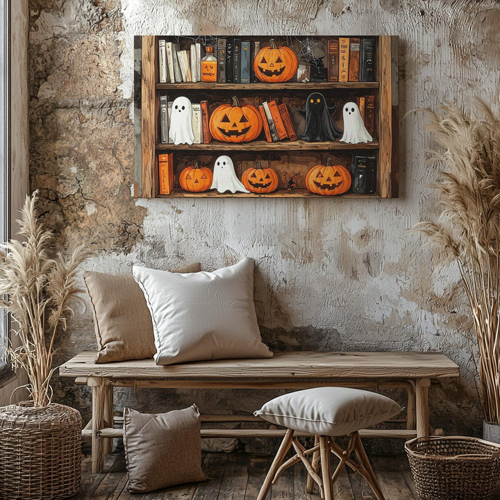 Rustic Halloween Bookshelf Canvas – Witchy Folk-Art Wall Decor - Gifitto