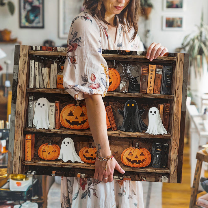 Rustic Halloween Bookshelf Canvas – Witchy Folk-Art Wall Decor - Gifitto