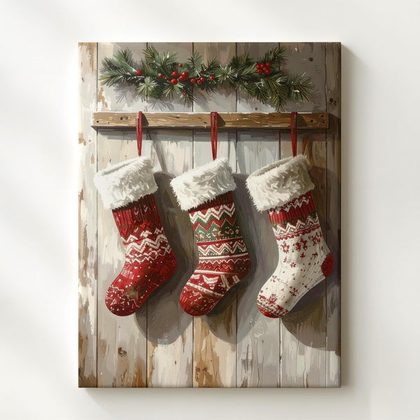 Rustic Stockings on Wood Canvas – Cozy Traditional Christmas Wall Art - Gifitto