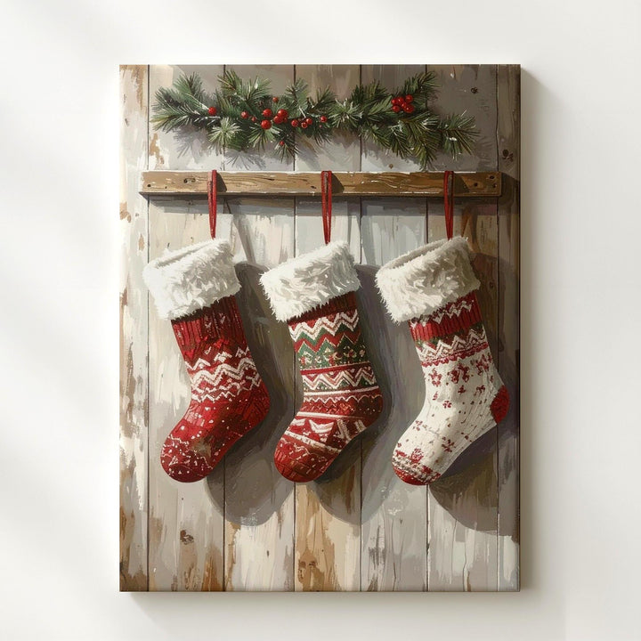Rustic Stockings on Wood Canvas – Cozy Traditional Christmas Wall Art - Gifitto