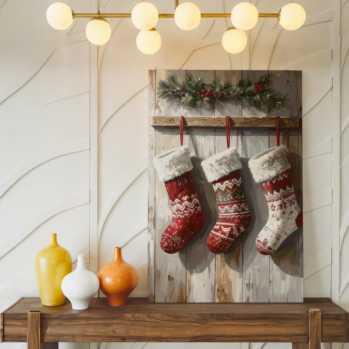 Rustic Stockings on Wood Canvas – Cozy Traditional Christmas Wall Art - Gifitto