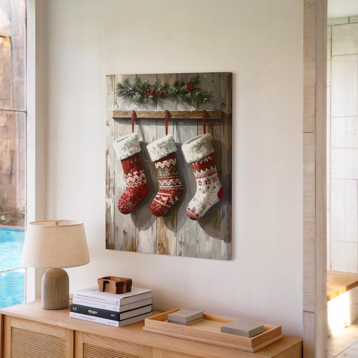Rustic Stockings on Wood Canvas – Cozy Traditional Christmas Wall Art - Gifitto