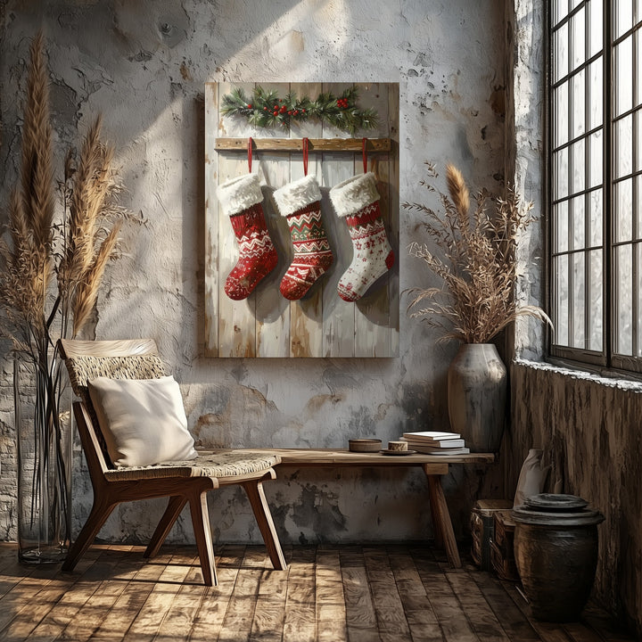 Rustic Stockings on Wood Canvas – Cozy Traditional Christmas Wall Art - Gifitto