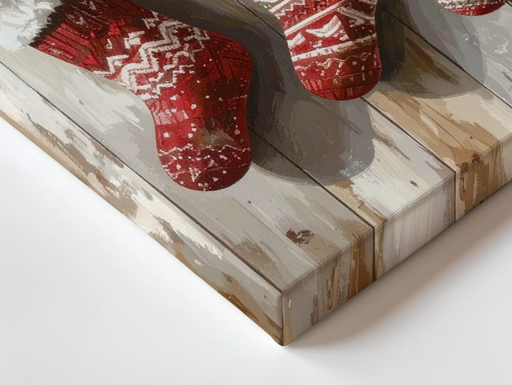 Rustic Stockings on Wood Canvas – Cozy Traditional Christmas Wall Art - Gifitto