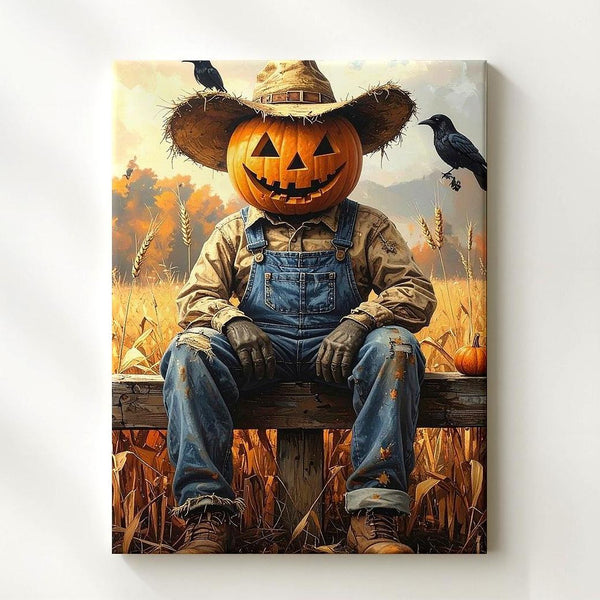 Jack-O’-Lantern Scarecrow Canvas – Playful Rustic Halloween Harvest Art - Gifitto