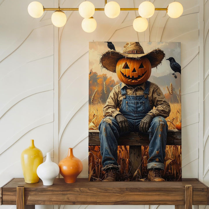 Jack-O’-Lantern Scarecrow Canvas – Playful Rustic Halloween Harvest Art - Gifitto