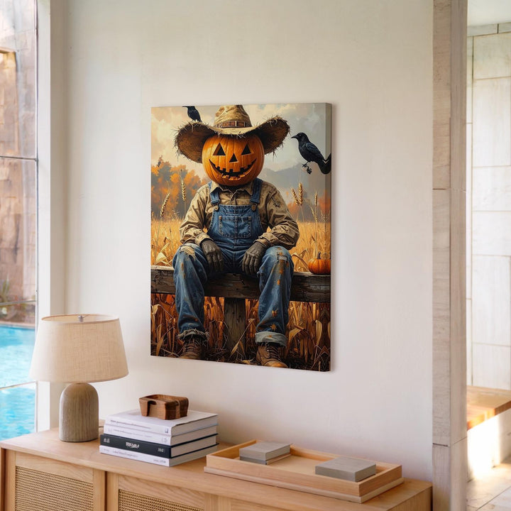Jack-O’-Lantern Scarecrow Canvas – Playful Rustic Halloween Harvest Art - Gifitto