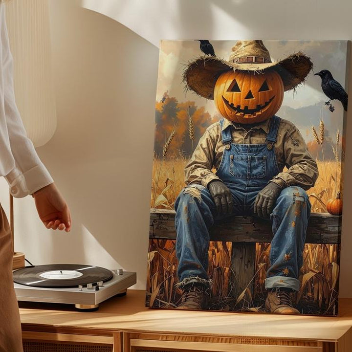 Jack-O’-Lantern Scarecrow Canvas – Playful Rustic Halloween Harvest Art - Gifitto
