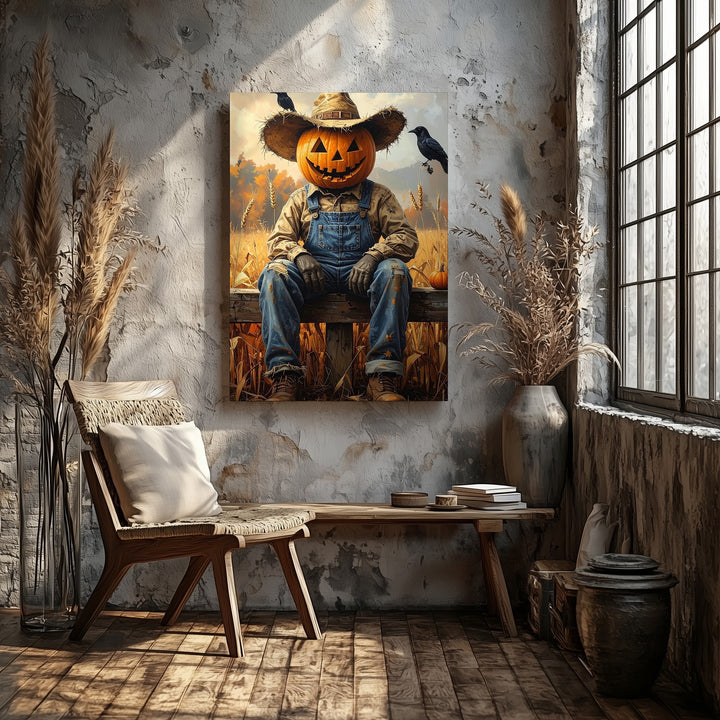 Jack-O’-Lantern Scarecrow Canvas – Playful Rustic Halloween Harvest Art - Gifitto