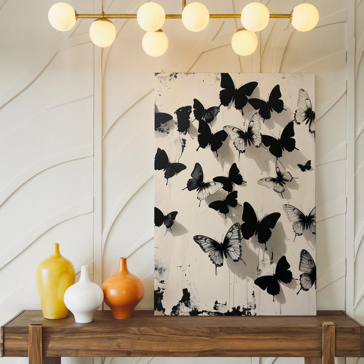 Black Butterflies Canvas – Minimalist Gothic Wall Art on Cream Background - Gifitto