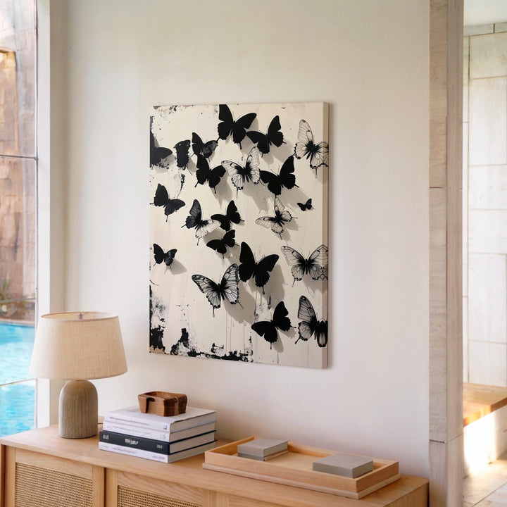Black Butterflies Canvas – Minimalist Gothic Wall Art on Cream Background - Gifitto
