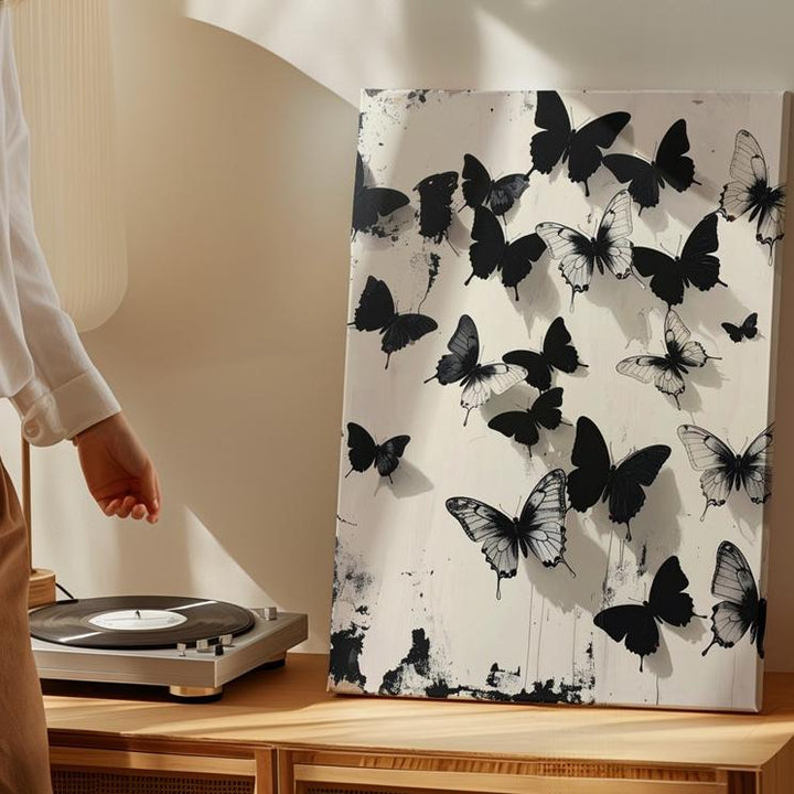 Black Butterflies Canvas – Minimalist Gothic Wall Art on Cream Background - Gifitto