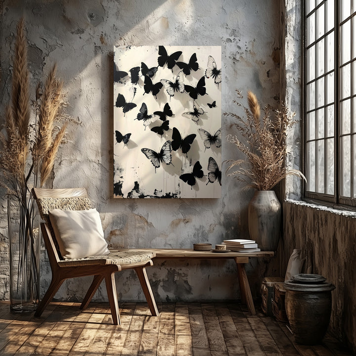 Black Butterflies Canvas – Minimalist Gothic Wall Art on Cream Background - Gifitto