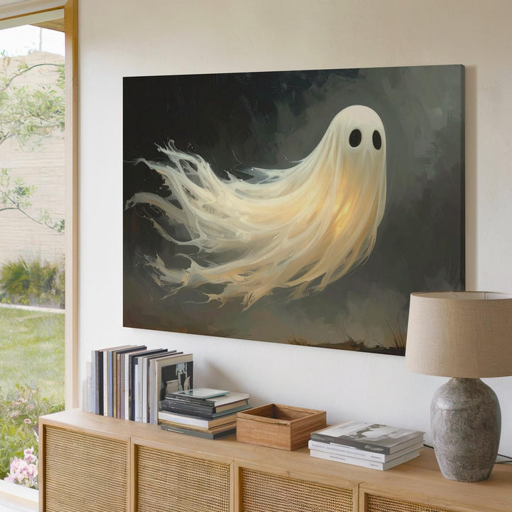 Golden Glow Ghost Canvas – Dreamy Halloween Spirit in Motion - Gifitto
