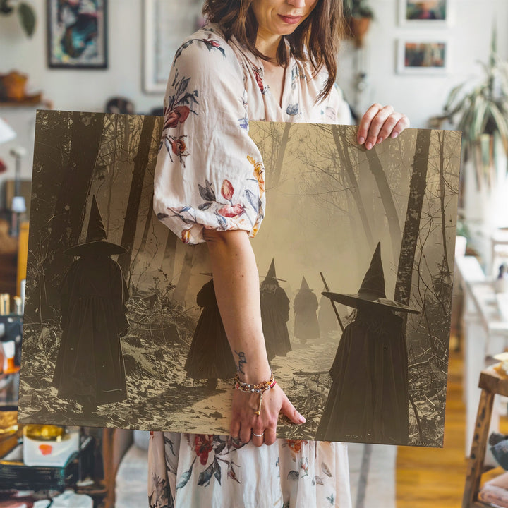 Witch Procession in Sepia Forest Canvas – Vintage Ritual Path Wall Art - Gifitto