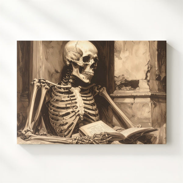 Sepia Skeleton Reader Canvas – Poetic Still Life of Time and Memory - Gifitto