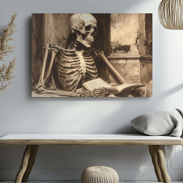 Sepia Skeleton Reader Canvas – Poetic Still Life of Time and Memory - Gifitto
